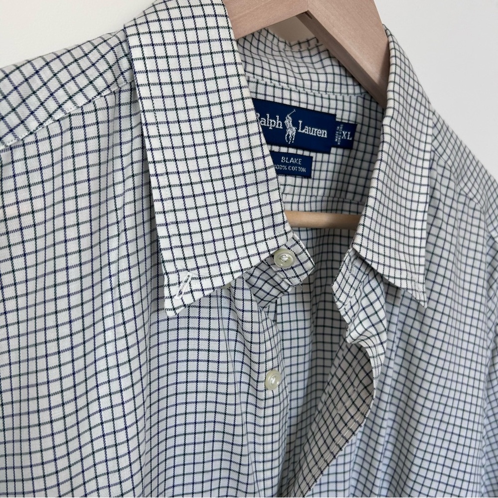 Ralph Lauren Men's White Shirt with Navy  and Green Check Pattern